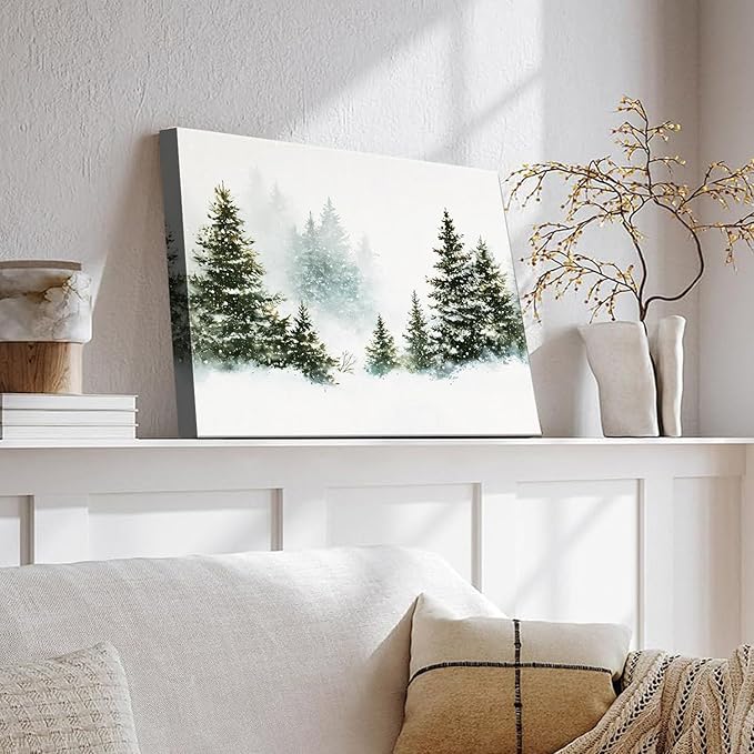 Rustic Pine Tree Christmas Canvas Wall Art - Snowy Winter Forest Landscape Framed Print for Living Room, Vintage Christmas Wall Decor, Cozy Christmas Gifts & Festive Winter Decor