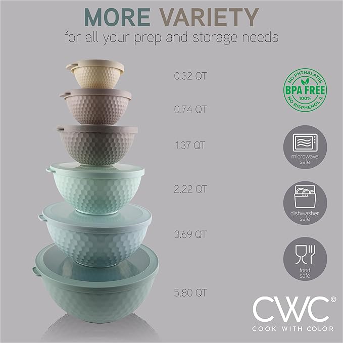COOK WITH COLOR Mixing Bowls with Lids - 12 Piece Plastic Nesting Bowls Set includes 6 Prep Bowls and 6 Lids, Non Slip Bottom and Embossed Design - Microwave Safe (Mint)