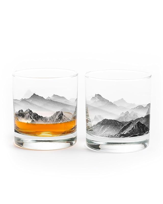 Set of 2 Whiskey Glasses by Black Lantern - Old Fashioned Glasses for Cocktails Whisky Scotch and Bourbon, Two Premium 11oz. Tumbler Glasses with Mountain and Clouds Screen Printed Design