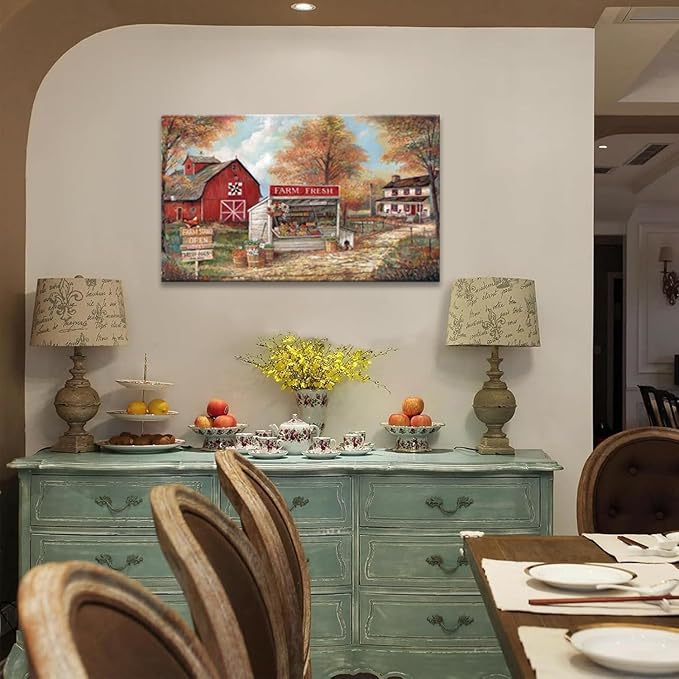 CYULWNNO Farmhouse Canvas Wall Art Farm Stand Landscape Painting Nature Rustic Scenery Canvas Prints Vintage Red House Wall Decor Framed for Living Room Bedroom