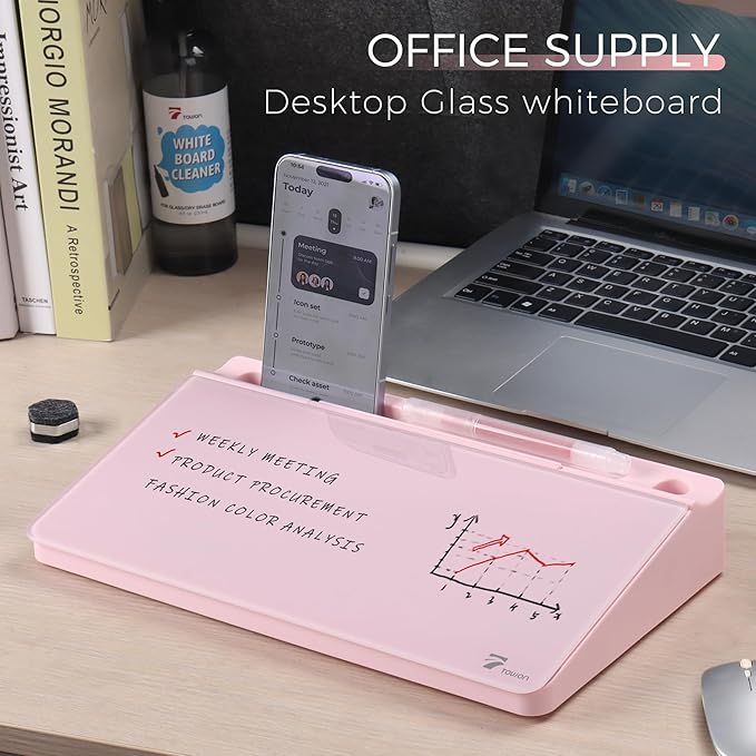 TOWON Small Compact Glass Desktop Whiteboard with Storage – 12 x 7 in Dry Erase Board for Desk, Home Office, School | Includes 5 Markers, Eraser & Holder | Space-Saving Organizer, Aesthetic Pink