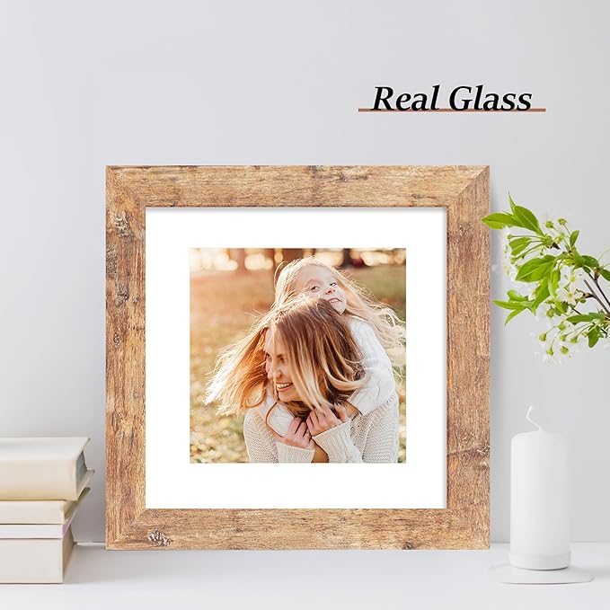 8x8 Picture Frame Set of 4 with HD Glass, Display 6x6 Pictures with Mat or 8 x 8 Without Mat, Square Wood Photo Frame for Wall Mount and Tabletop Display