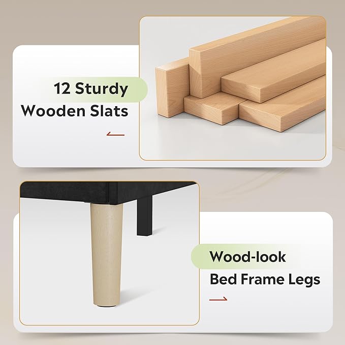 WLIVE Full Size Upholstered Bed Frame with Storage Headboard, Velvet Square Tufted Platform Bed with Charging Station, Sturdy Metal & Wooden Slats Support, No Box Spring Needed, Black