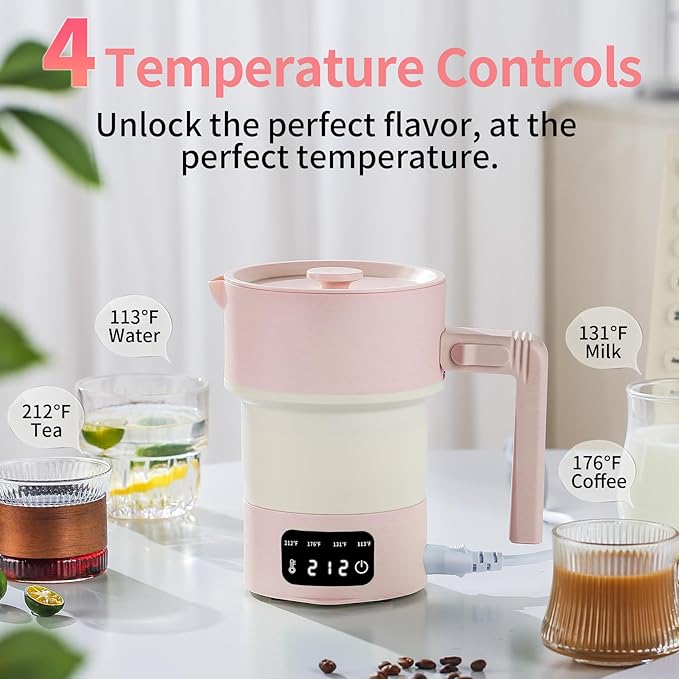 Travel Electric Kettle-Collapsible Portable Electric Kettle, 600W Foldable Small Water Boiler with 4-Temp Presets, Food Grade Silicone for Hotel, Office, Camping (Pink, 600mL)