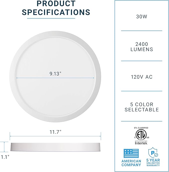 PARMIDA (2 Pack) 12 Inch LED Flush Mount Ceiling Light with Night Light, 30W, ETL, 5 Color Selectable 2700K/3000K/3500K/4000K/5000K, 2400LM, Dimmable, Ultra Thin Round Modern Flat Panel, White Finish