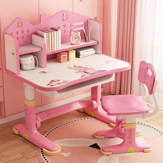 Children Learning Desk and Chair Set Pink Desk Set Height Adjustable with Drawers and Storage Compartments Curved Desktop Cartoon Learning Desks and Chairs Reading/Learning/Writing for Girls (Pink B)
