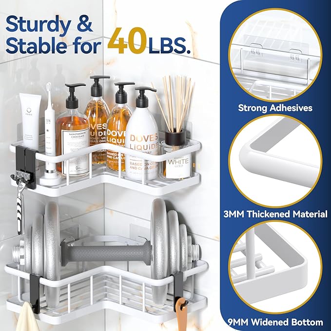 YASONIC Corner Shower Caddy Organizer, 3-Pack Self-Adhesive Rustproof Bath Shelves with Soap Holder & 4 Hooks, Large Capacity Shower Storage Rack for Bathroom Organization, White