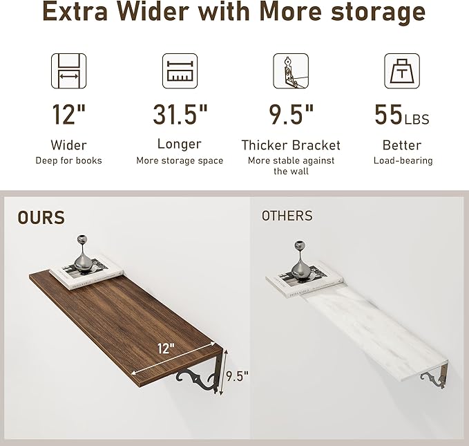 Deep Floating Shelves, 31" W x 12" D Wall Shelves Set of 2, Wide Display Shelf Wall Mounted with Brackets, Bookshelf for Living Room, Bathroom, Bedroom, Walnut