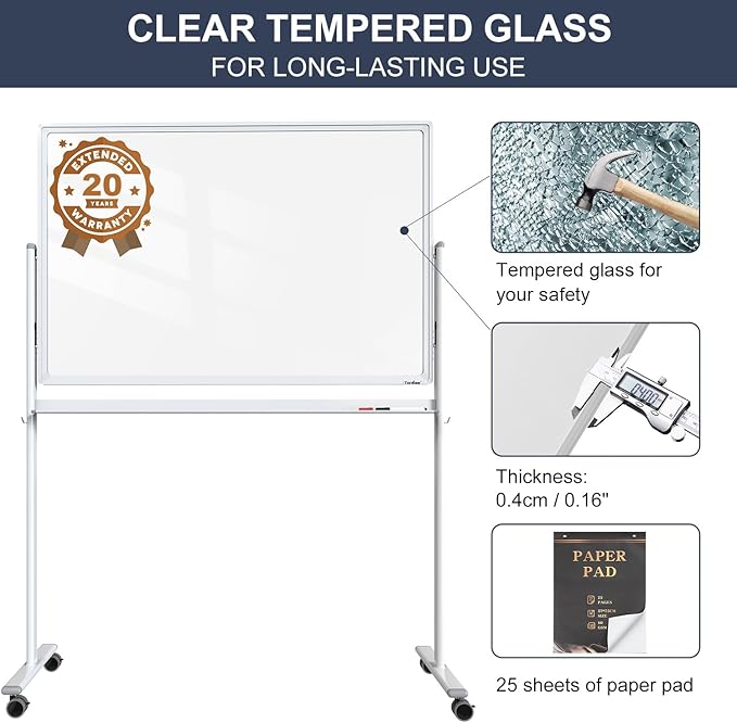 Mobile Clear Glass Whiteboard, 48 x 32 Inches Standing White Board on Wheels, Large Rolling Dry Erase Board with Stand, Transparent Tempered Glass Board for Office Home School, with Chart Paper
