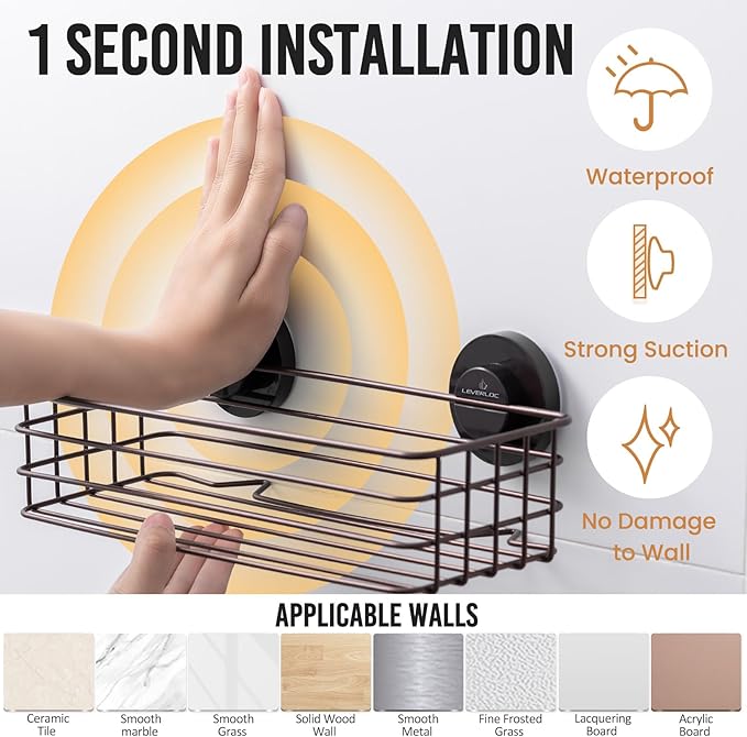 LEVERLOC Shower Caddy Suction Cup, 2 Pack Shelves for Inside with Hooks and Soap Holder, NO-Drilling Bathroom Holder, Rustproof Meatl Bathroom Organizer, Brown