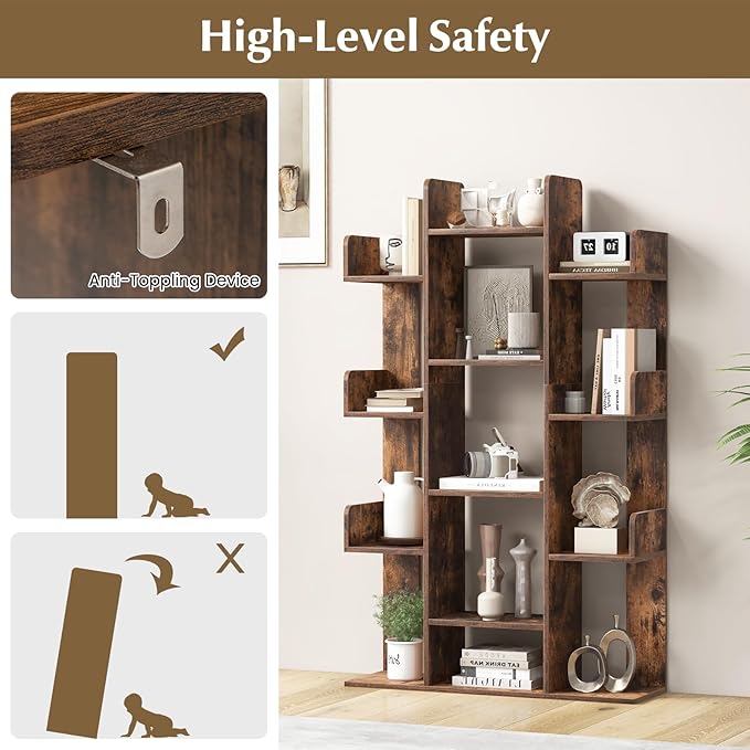 Tangkula Freestanding Tree Bookshelf, Corner Storage Organizer with 13 Open Shelves, Decorative Display Cube Shelf for Living Room, Study, Office, 34 x 9.5 x 55.5 Inch (2, Rustic Brown)