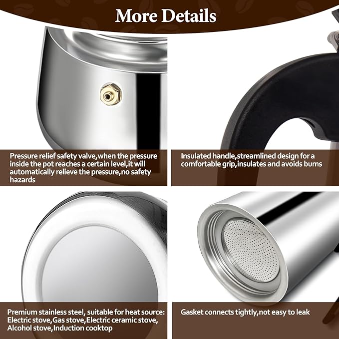 2 Cup Moka Pot Percolator Italian Coffee Maker 100ml Stovetop Espresso Mocha Stainless Steel Greca Coffee Maker Classic Cafe Makers Suitable for Induction Cookers Ceramic Stoves Straight