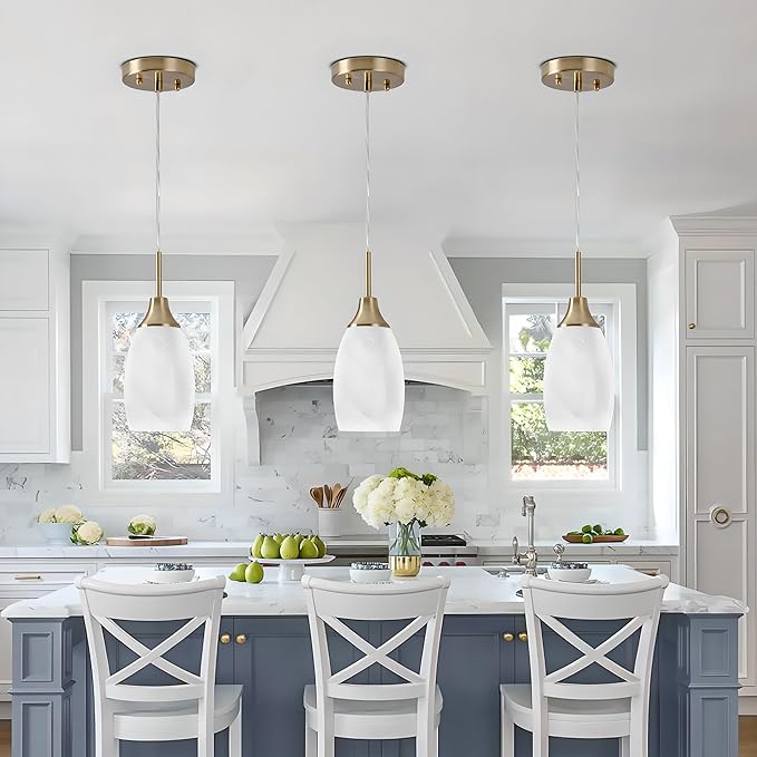 Mini Glass Pendant Light 3-Pack Handblown Art White Swirl Oval Glass Hanging Pendant Lamp 4.72" Glass Chandelier for Kitchen Island Dining Room Living Foyer Hallway Entry Brushed Gold Finish