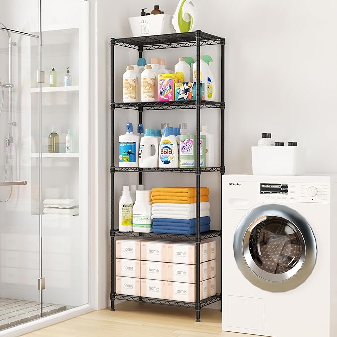 5 Tier Adjustable Storage Shelves Heavy Duty Metal Utility Shelf 750LBS Capacity Wire Shelving Unit Organizer Rack for Home Kitchen Office Bathroom Pantry Room 12" D x 22" W x 59" H Black