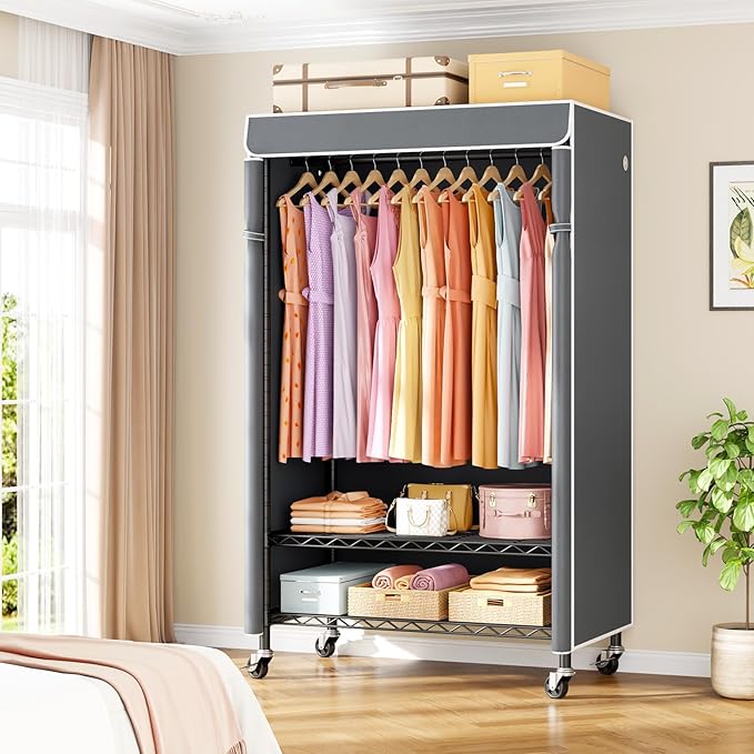 P6C Rolling Clothes Rack with Cover, Covered Clothing Racks Heavy Duty, Portable Closet for Hanging Clothes, Garment Racks on Wheels, Black Closet Rack with Gray Cover, Max Load 365LBS
