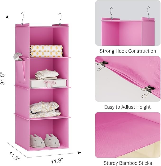 Hanging Closet Organizer, 4-Shelf Closet Hanging Storage Shelves, Light Pink