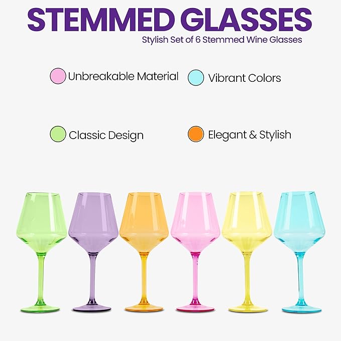 Acrylic Colored Wine Glasses Set of 6 | BPA-Free Plastic, Tritan & Acrylic - Stemmed wine glasses, Dishwasher Safe, Unbreakable Glass for Indoor & Outdoor (jewel)