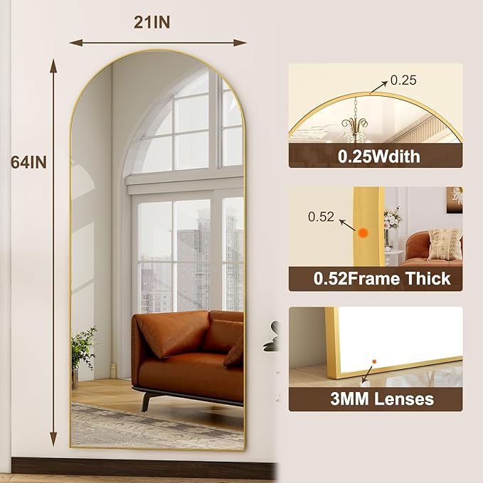 HARRITPURE Arched Full Length Mirror - 64"x21" Free Standing Leaning Mirror Hanging Mounted Aluminum Frame Modern Home Decor for Living Room Bedroom Cloakroom, Gold