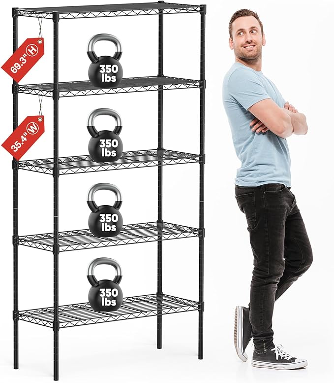 Sweetcrispy 5-Shelf Storage Shelving Unit, Adjustable Metal Wire Racks Heavy Duty Standing Shelf Organizer for Kitchen, Closet, Pantry, Garage, Bathroom, Laundry (13.8" D x 35.4" W x 69.3" H)