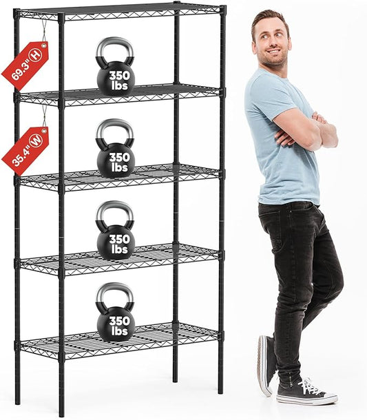 Sweetcrispy 5-Shelf Storage Shelving Unit, Adjustable Metal Wire Racks Heavy Duty Standing Shelf Organizer for Kitchen, Closet, Pantry, Garage, Bathroom, Laundry (13.8" D x 35.4" W x 69.3" H)