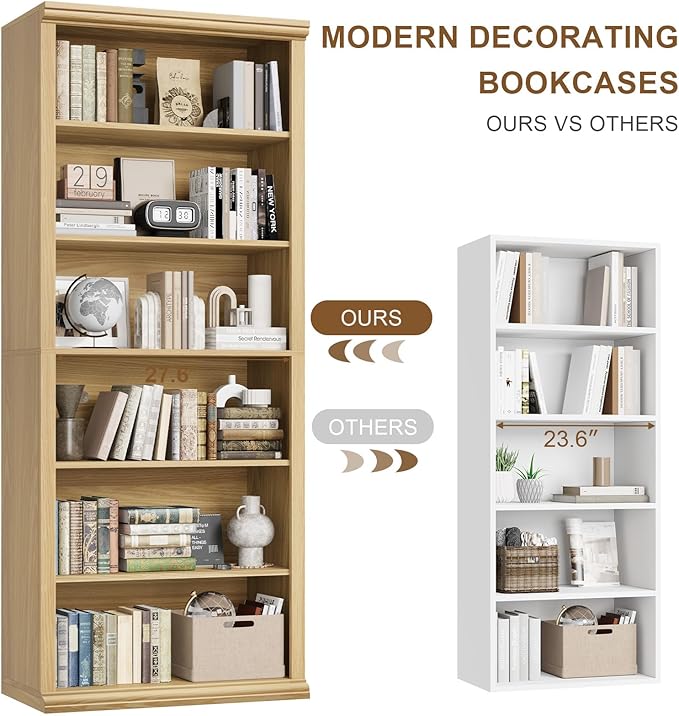 Rresyet Bookcase and Bookshelves, 28" W Tall Bookshelf with Elegant Design, 6 Tiers Spacious Book Storage, Freestanding Book Organizer, Display Library Shelf for Home Office, Living Room & Study Room