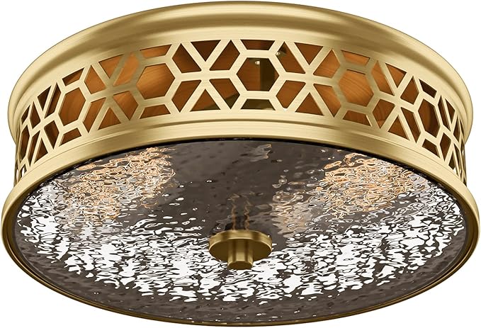 EAPUDUN Flush Mount Ceiling Light, 12 Inch 2 Light Vintage Ceiling Light with Rippled Glass, Gold Ceiling Fixture for Hallway Corridor Kitchen Bathroom Bedroom Passway FMA1538-SB