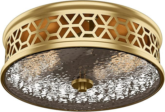 EAPUDUN Flush Mount Ceiling Light, 12 Inch 2 Light Vintage Ceiling Light with Rippled Glass, Gold Ceiling Fixture for Hallway Corridor Kitchen Bathroom Bedroom Passway FMA1538-SB