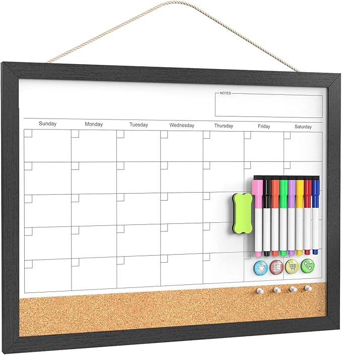 Dry Erase Calendar for Wall, 18x24 Inches Calendar Whiteboard for Wall, Magnetic Monthly White Board Corkboard with Wood Framed, Hanging Dry Erase Board for Kitchen Home Office School Planner