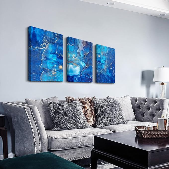 MHARTK66 Canvas Wall Art For Living Room Large Wall Decorations For Bedroom Modern Bathroom Wall Decor Painting Blue Abstract Pictures Artwork Inspirational Canvas Prints Art Home Decor 3 Pieces