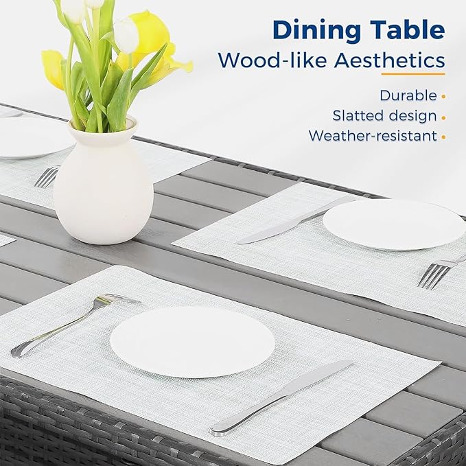 Wisteria Lane Patio Furniture Set, 7 Piece High Curved Back Outdoor Dining Sectional Sofa with Dining Table and Chair, All Weather Wicker Conversation Set with Ottoman, Grey