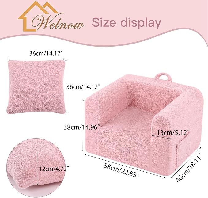 Welnow Kids Sofa with Pillow, Cozy Toddler Chair Soft Foam Seat for Reading, Children's Couch with Armrest Lightweight Comfy Kids Furniture for Bedroom, Playroom for Boys and Girls, Sherpa Pink
