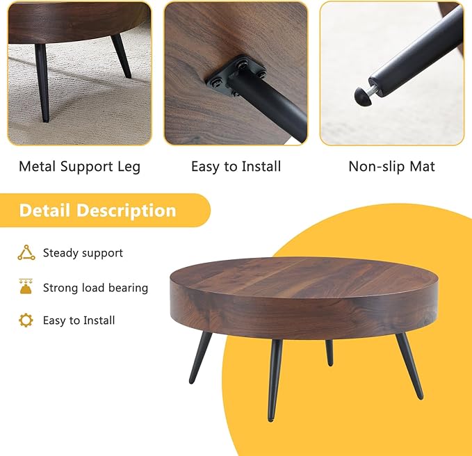 31.5'' Round Coffee Table for Living Room, Wood Texture Table Top, Black Metal Table Legs Tea Table for Dining Room Apartment Small Space (Black,Walnut)