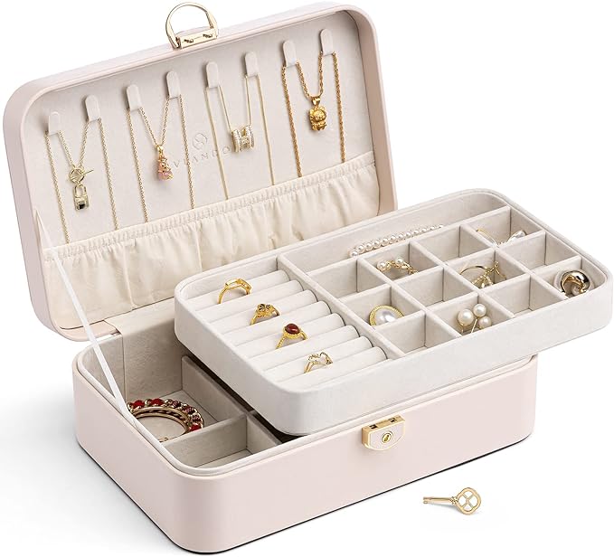Vlando 2-Layer Jewelry Box,Valentines Day Gifts for Her Jewelry Organizer for Women Removable Jewelry Tray for Earrings Necklace,Gift Ideas,Birthday Graduation Gifts Apricot Pink