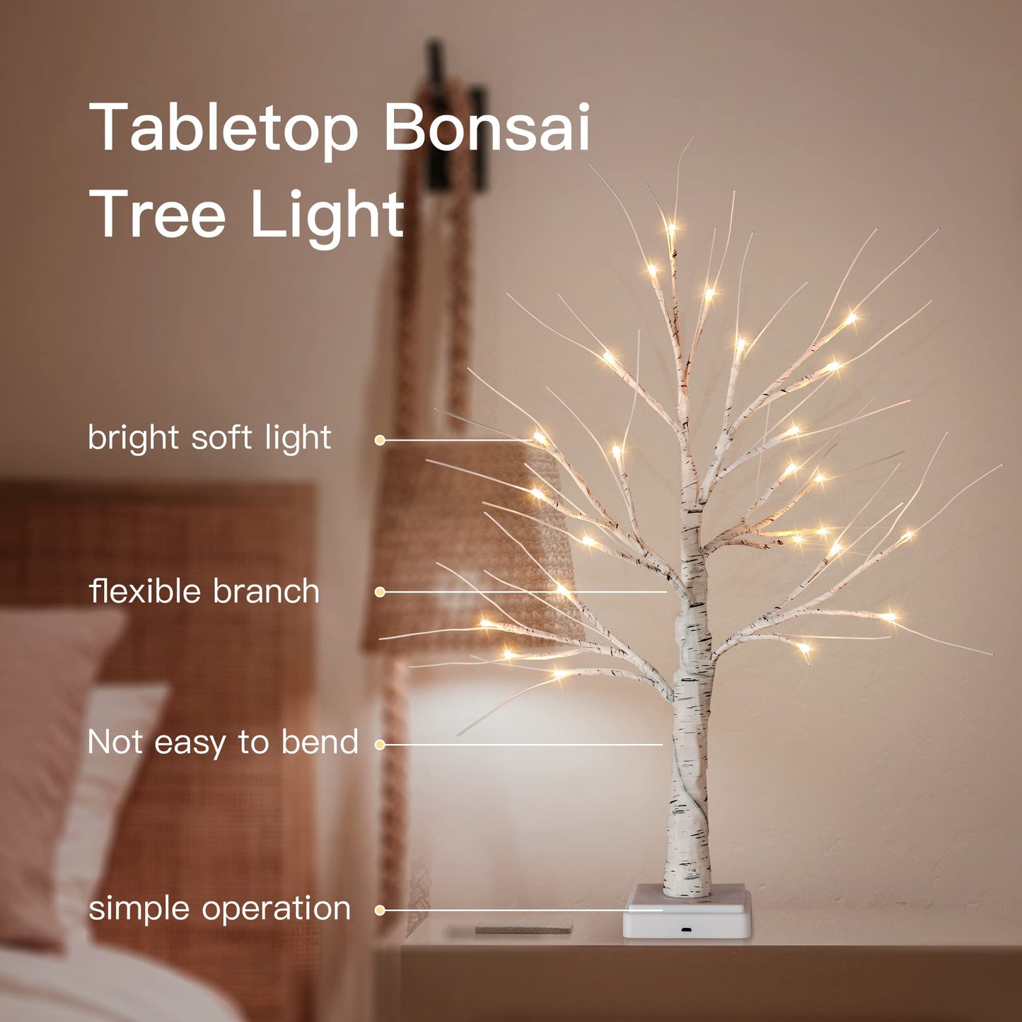 Woohaha Birch Tree Christmas Decorations Indoor for Home,2ft 24LED Warm White Light Up Birch Tree，Battery&USB Tabletop Timer Artificial Mini Christmas Tree with Lights for Holiday Party Wedding