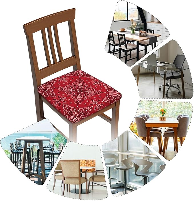 Seat Covers for Dining Room Chairsset of Set of 4, Red Bandanna Paisley Stretch Chair Seat Covers Cushion Slipcovers for Kitchen Office