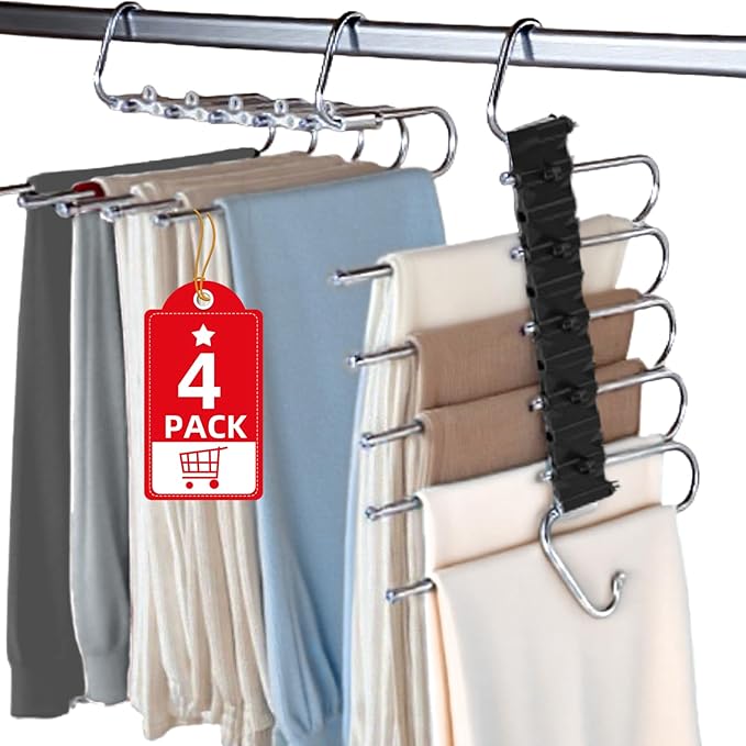 Upgrade Pant Hangers Space Saving, Non Slip Stainless Steel Multifunctional Pants Rack S-Type Clothes Pant Closet Hanger Organizer with Hooks for Pants Jeans Trousers Scarf Skirts (Onyx Black, 4 Pack)