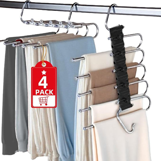 Upgrade Pant Hangers Space Saving, Non Slip Stainless Steel Multifunctional Pants Rack S-Type Clothes Pant Closet Hanger Organizer with Hooks for Pants Jeans Trousers Scarf Skirts (Onyx Black, 4 Pack)