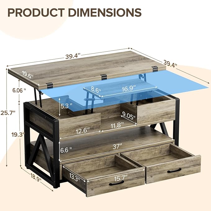 40" Lift Top Coffee Table,4 in 1 Multi-Function Lift Coffee Tables with Storage Drawers and Hidden Compartmen,Farmhouse Coffee Table with Lifting top for Living Room,Grey