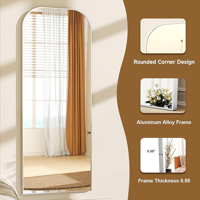 HARRITPURE 71"x26" Full Length Mirror Full Body Mirror Top Rounded Corner Aluminum Frame Hanging or Leaning Wall Floor Mirror with Stand for Living Room Bedroom Cloakroom,Silver