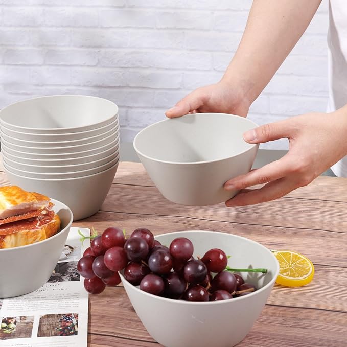 supernal 12PCS Light Grey Wheat Straw & Hard Plastic Bowls - Sturdy Reusable Soup Bowls for Hot Food,Unbreakable Bowl for Catering,Weddings,Holiday Meals (Disposable Lightweight Snack Bowl)