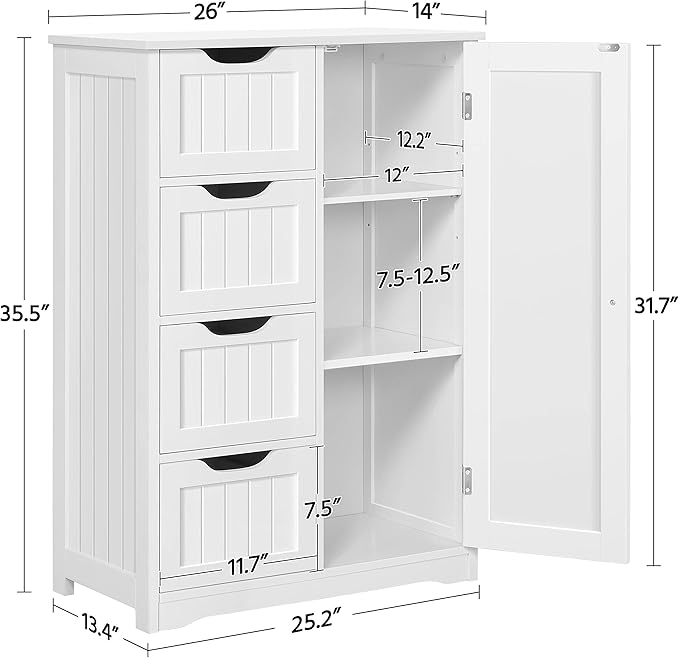 Yaheetech Large Bathroom Floor Cabinet with 4 Dawers and Single Door Cabinet, Freestanding Storage Cabinet for Living Room Kitchen Hallway, White
