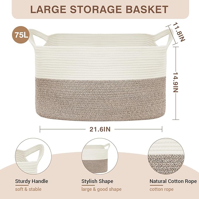 Large Laundry Hamper Blanket Basket，21.6''×14.9''×19.6'' Cotton Rope Woven Laundry Basket for Organizing, Rectangle Toy Basket for Living Room, Bedroom