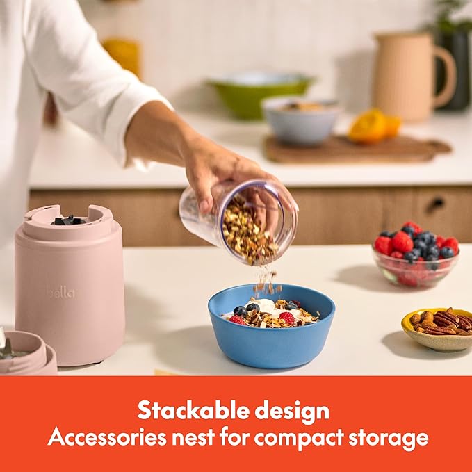 bella 6 Pcs Portable Rocket Blender, Juicer & Smoothie Maker, Press & Twist Design, EverGood™ & BPA Free Dishwasher Safe Parts, 4 Tip Stainless Steel Blade, Cord Wrap, 240 Watt Motor, Blossom