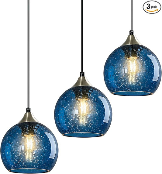Blue Glass Pendant Lights Kitchen Island Lighting Globe Pendant Light Fixtures Modern Pendant Lighting for Kitchen Island Bedroom Living Dining Room Light Fixture(5.9in, 3-Pack)