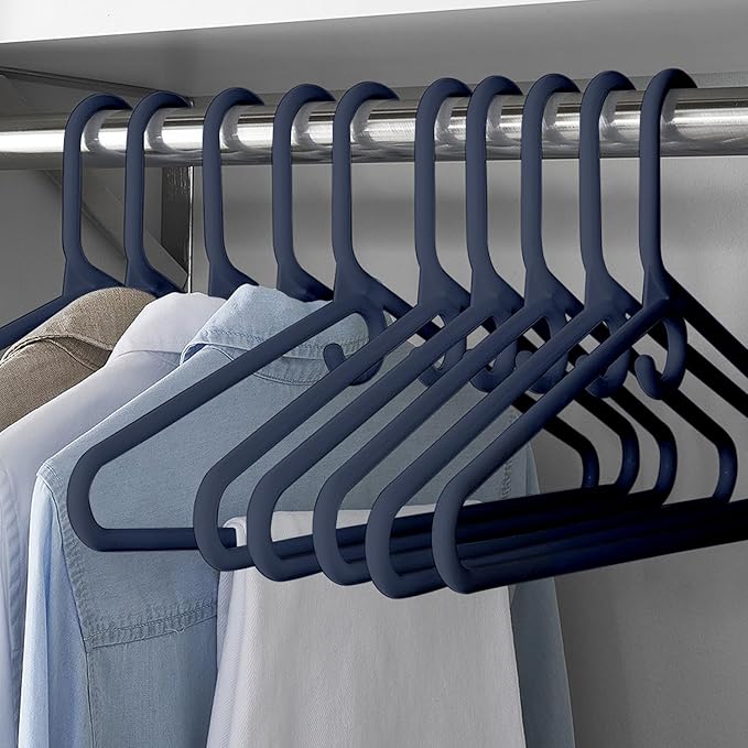 Clothes Hangers 10 Pack Plastic - Heavy Duty Space Saving Coat, Velvet Hangers, Pant Hangers for Closet Organization - Durable Non-Slip, Navy Wardrobe Essentials Bulk Storage