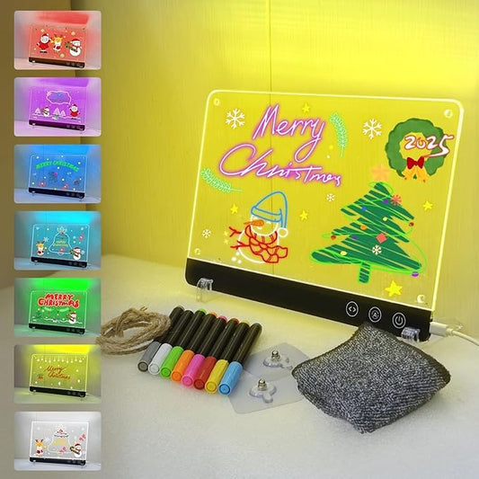 LED Magnetic Note Board with Colors, 11.8"X7.9" 4 Modes & 7 Colors Acrylic Dry Erase Board with Light, Include Hanging Chain, Led Drawing Board for Kids with Stand, Soft Cloth, 8 Markers