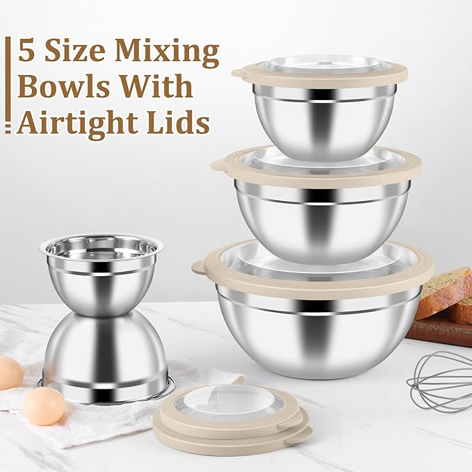 P&P CHEF Mixing Bowl with Visible Airtight Lid Set of 5, 10-Piece Stainless Steel Nesting Salad Bowl Set for Prepping, Mixing and Serving, Size 4.6, 3, 1.5, 1, 0.7 QT, Rimmed Edges & Flat Base, Khaki