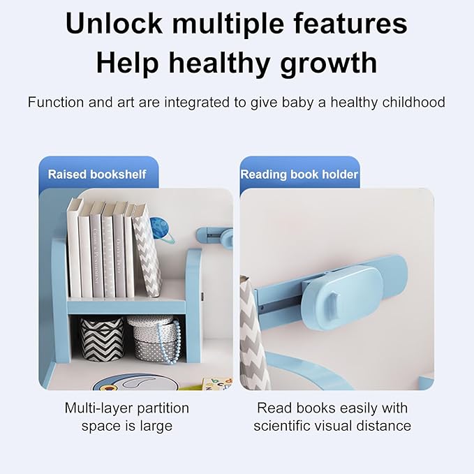 Kids Desk and Chair Set, Height Adjustable Kids Study Table and Chair Set, Children School Desk with Storage Drawer and Book Stand, Ergonomic Child Toddler Deskwith Sitting Posture Corrector (Blue 1)