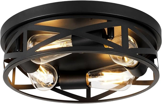13 Inch Farmhouse Ceiling Light Fixtures, Metal Cage Close to Ceiling Lights 4-Light, Vintage Flush Mount Ceiling Lights for Bedroom Porch Kitchen Entrance, Black
