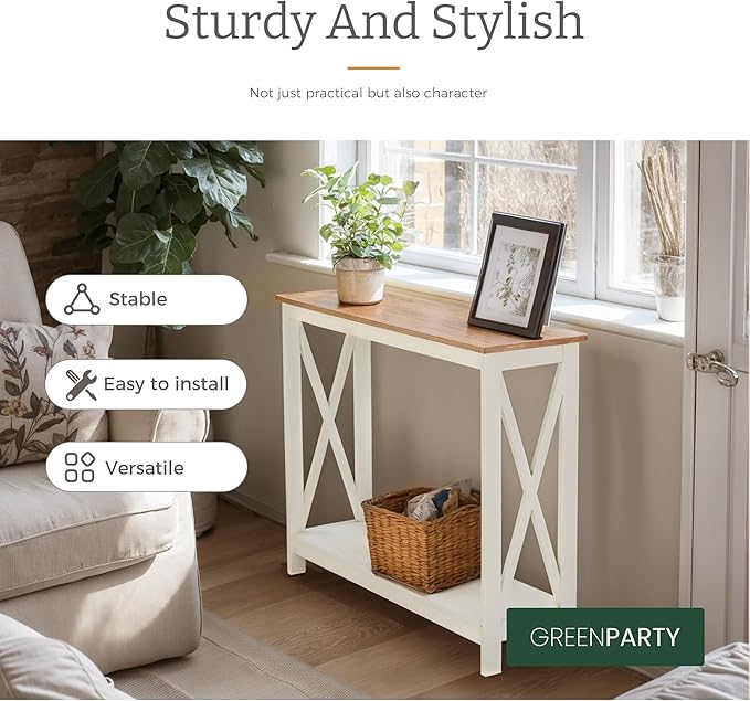 GREEN PARTY Vintage Farmhouse Entryway Console Table, 2-Tier Narrow Sofa Table with Storage Shelf for Living Room and Hallway, Rustic White Accent Furniture with Sturdy X-Shaped Legs